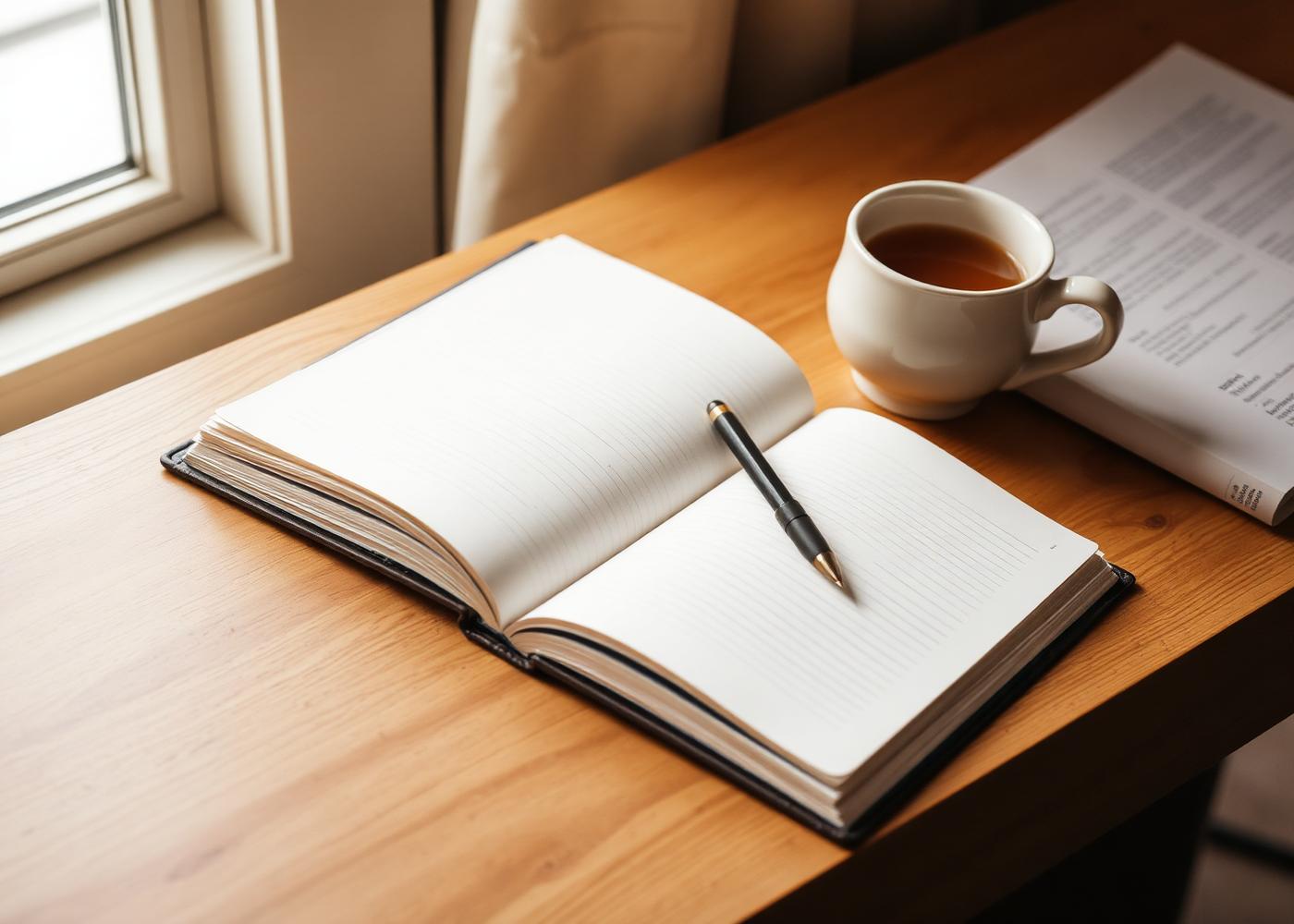An open notebook and pen on a warm wood desk